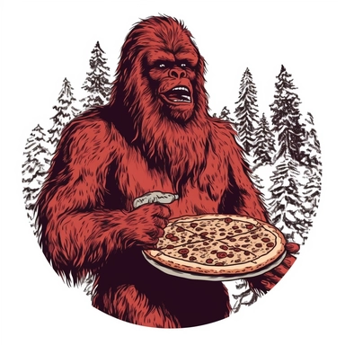sasquatch clipart holding pizza, eating huge pizza, one color design, screenprint