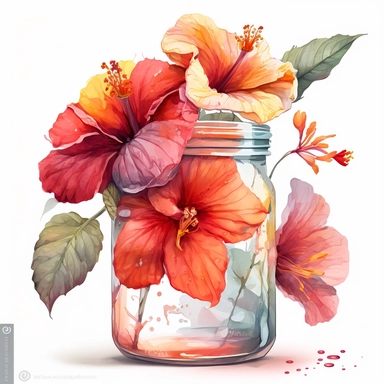 [5538157460] Watercolor clipart. A vibrant watercolor painting capturing the beauty of a hibiscus bouquet in a glass jar, with delicate petals in shades of red, pink, and orange.. White background. No text. No caption. No logo