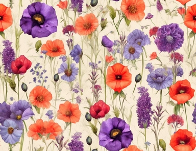 Vintage seamless pattern of red poppies, orange marigolds, pink cosmos, purple coneflowers, and white baby's breath flower mix pencil sketch, ephemera paper design with ornate illustrations, vintage, distressed textures, muted colors, craft paper texture, handwriting lines in background, pen and ink on paper with watercolor washes Watercolor, vector, white background, rice paper texture, clipart, Seamless patterns, repeating patterns design, flat illustration, outlined , Vector, 4K, Art station,