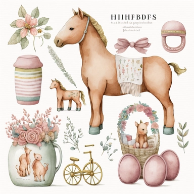 boho, nursery items, baby toys, watercolor clipart, Hermès equestrian style