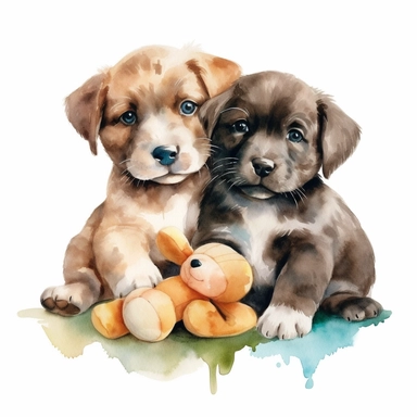 Watercolor puppies playing, with cuddly toy bone Clipart - cute dogs , Colour of brindle brown and cream, white background, vector art, high definition, clip art, ar 2:2