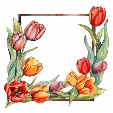 Tulip Floral, square Frame, Watercolor Clipart, Cartoon style, Webtoon Resources, White Background