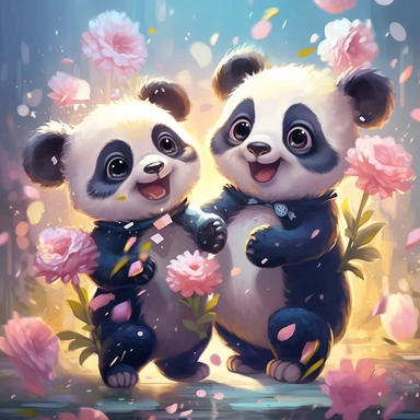 Clipart vector jpg, Let curious baby pandas accompany your little one, digital art by Lilia Alvarado and Thomas W. Schiller, clipart, 3D, 16K, background transparent, in the style of playful character designs, floral explosions, uhd image, pictorial space, smilecore, delicate flowers seed 5