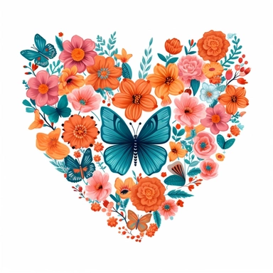 heart shaped composition of flowers and butterflies, 2d flat design, hand painted, colorful summer color palette of bright pink, coral orange, teal blue, and lavender in the style of Rifle Paper Company, clipart on white background, tshirt design