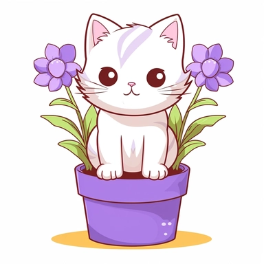 Clipart of a cute cat planting Crocus kawaii style full multicolor white background