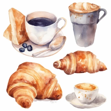 Watercolor breakfast croissants clipart collection. Sweet croissant & coffee clipart. Food illustration clipart. Home bakery logo creator.