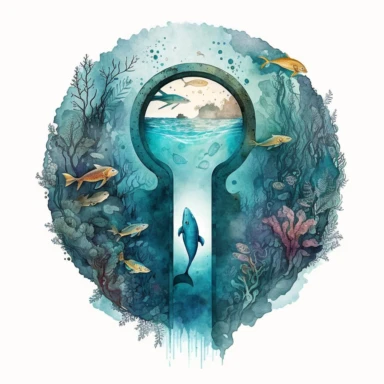 looking through a keyhole to an underwater scene. artwork medium is watercolor clipart.