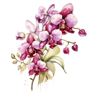 watercolor Orchid Delight floral line for decoration, style of Pierre-joseph redoute, png, clipart, hd, contour white outline, isolated on white background