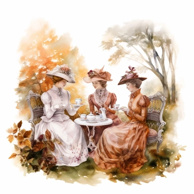 complex watercolor illustration of four victorian women/ladies having a Garden Tea party in a euphoric autumn landscape, cottagecore, in KARL MARTENS style isolated,concept,art,8k,hd,watercolor,detailed,white backround,clipart