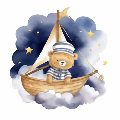 night sky clouds and a swarm of golden stars. a cute happy plushie sailor bear in a striped blue and white shirt and a white sailor hat, in a wooden sailboat with a white sail, sailing on fluffy clouds not sea. dreamy. prominent visible brush strokes, watercolour texture, watercolor clipart png on white background