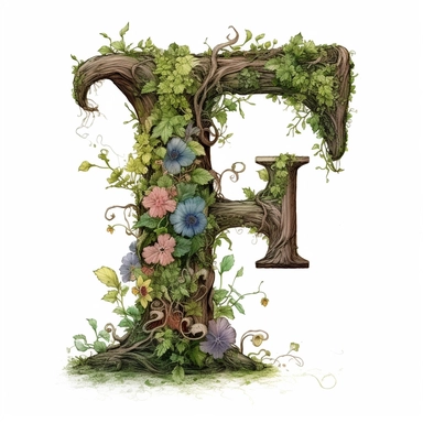 vintage letter F Made Of Tree with vines wrapped around, flowers. moss clings to, illustration clipart, high detailed, white background, digital art