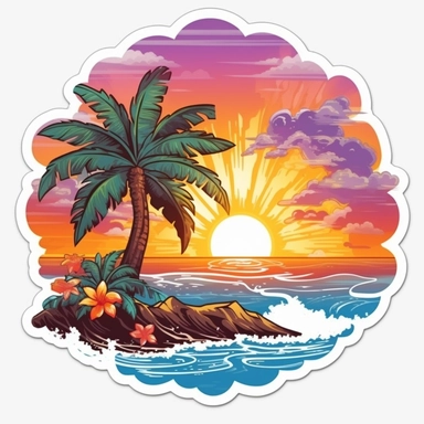 a sticker, artwork of t shirt graphic of majestic palm tree in digital painting style , beautiful flowers, sunset mountains and clouds , big sea waves, water splashes, white background, colorful fantasy flower sorround, highly detailed clean, vector image, photorealistic masterpiece, professional photography, realistic, flat white background, isometric, vibrant vector, clipart, illustration, realism, 4k, cinematic, front view, white background