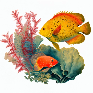vintage colorful watercolor coral reef clipart a red lobster and a yellow flounder transparent background