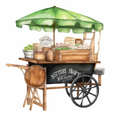 create a beatiful highly deatailed and saturated disney style watercolor clipart image of an old fashion wooden bakery cart selling key lime pies, with a small decorative wooden chalkboard sign, white background, no text, no font