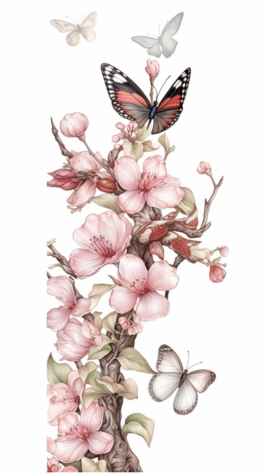 clip art Watercolor art of a cherry blossom branches, butterflies, with soft pastel hues, illustration in the style of Ayami Kojima and J.C. Leyendecker, pixiv, high quality, highly detailed,on white background