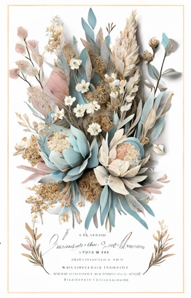 beautiful, intricate, sharp focus, light blue, tan, and pink flowers, boho wedding invitation with white fluffy tail flowers, dried grasses, show entire invitation, no border, clipart, on white background, flat lay, extreme detail, wedding invitation,
