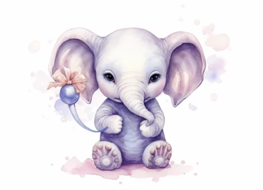 watercolor cute little baby elephant wearing a onesie cloth with a baby pacifier in his mouth, in the style of light silver and light purple, victorian-inspired illustrations, nature-inspired pieces, 5 sets of clipart of different playful compositions, plush doll art, high resolution, isolated on a white background