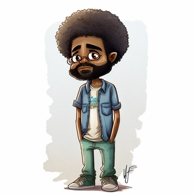 Draymon, 40 year old black man, illustration for children's book, no emotion, no expression, 40 years old, curly black and gray faded flat top afro, large eyes, wearing blue jeans, blue shirt, brown shoes, full beard, full lips, Watercolor Clipart, strybk, full Illustration, 4k, sharp focus, watercolor, smooth soft skin, symmetrical, soft lighting, detailed face, watercolor style, strybk, Octane rendering, 3d. Perfect face, detailed face, delicate face, perfect round lips, detailed eyes. Ghibli 