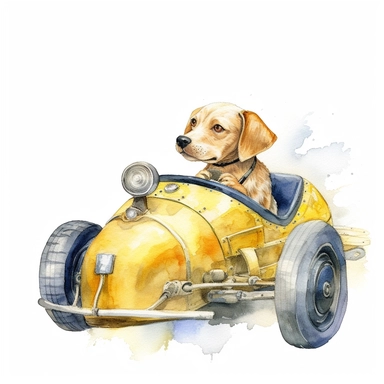 a dog driving a yellow racing car, watercolour, clipart, white background