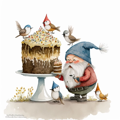 swedish gnome feeding small birds, bird cake, oat bushell, folk art, clipart, watercolor, painterly, white background