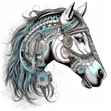creative tattoostyle portrait of horse head clipart scribble, side view, elaborate indian decor, white background