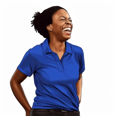photo-realistic beautiful and physically fit African American woman, age 25, wearing a royal blue polo shirt, laughing at a very funny joke, waist level showing on white background for vector clipart