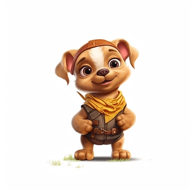 Adorable cute fantasy baby dog dressed like rune farmer standing in dynamic pose,front view,fullbody,sharp through out,happy expression, nursery art, clipart image, lineart image, white background, very detailed, 8k, composition wide shot