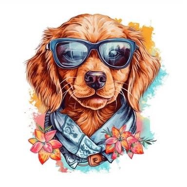 cute puppy female wearing bandana and sunglasses drawn in watercolor, vector design, cutout,Sublimation Clipart ,Cartoon,hyper realistic, intricate detail, illustration style,high solution,on the white background