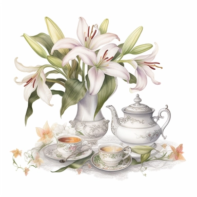 a victorian tea party with casablanca lilies, digital watercolor illustration, white background clipart