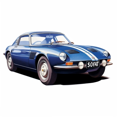 A 3/4 front view of the Saab Sonett III, rendered in a deep blue, a color that encapsulates the understated elegance of the vehicle. The white background serves to highlight the car's characteristic features, such as its angular design, distinct grille, and pop-up headlights. Despite the minimalistic clipart style, the design captures the uniqueness and sophistication of the Sonett III.
