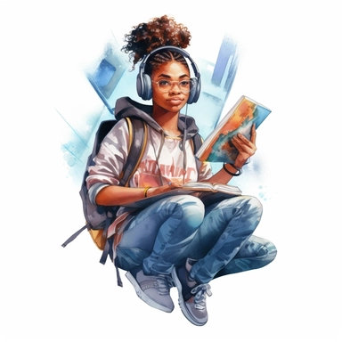 watercolor clip art image of a black teenage girl wearing hip-hop clothes holding a magical book, riding the bus
