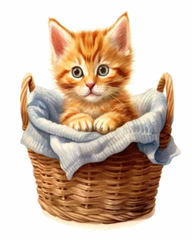 detailed watercolor Kitten in basket with sweater , realistic, isolated on a white background, clipart