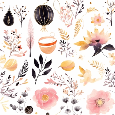 Draw a watercolor-style clip art images that feature objects related to an aesthetic adorned with floral designs. The images should have aesthetic, and should incorporate elements such as watercolor [gold] whimsical and cute illustration Watercolor Clipart, details with black ornaments on the body, in a Scandinavian folk art style with botanical and swirl motifs. light pink gold colors Traditional with a modern twist watercoloritem collection, isolated on a white background, gourmet, classy, sim