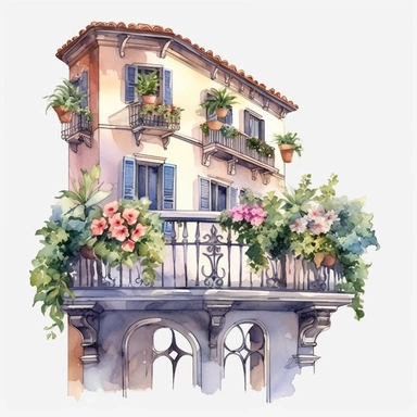 watercolor clipart realistic balcony in italian style with plants and flowers glicine ,single object,png,transparent ,watercolor styles, white background for removing background- - no text shadow font watermark