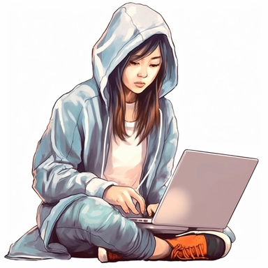 asian girl working on a laptop, cool hacker clothes, watercolor style, clipart solid white background