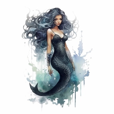 a charming black mermaid, mermaid fin, full body, artistic interpretations, watercolor, in the style of artgerm, 2d game art, quadratura, clipart, on white blackground,