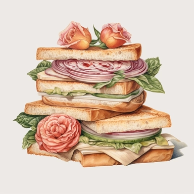 4 watercolor cliparts of neoclassical sandwich with flowers integrated on it, yaka art, Hyperrealistic still life, aurorapunk, 1990s, appropriation artist, hellenistic art