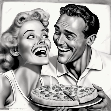 a egocentric and euphoric couple laughing hard, eating pizza, looking to the camera, in style of 1950`s, black and white clipart