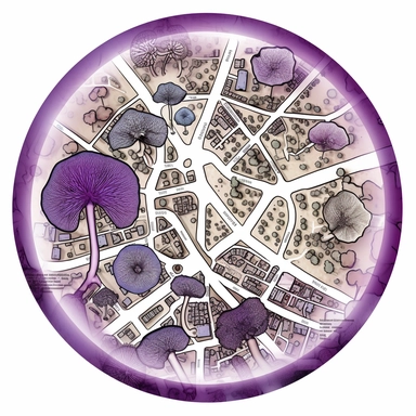 top-down view of a round scientific culture dish containing a simple map of a city block made with white fungal mycelium threads for the roads, a few major landmarks are small purple mushrooms, clean white background, iconic, clipart style, simple, cartoon, light colors, no grey