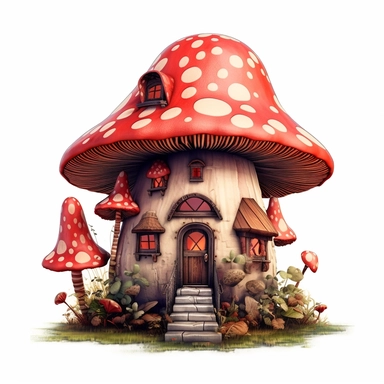 clipart, shades of red and brown fairy mushroom house isolated on a white background, intricate details, vector, pastel colors, realistic, 3D, no shadows