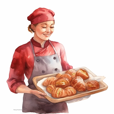Create a watercolor clipart of a female chef in a red chef's jacket, holding a tray of freshly baked croissants and bread, white background