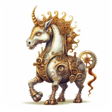 friendly unicorn with cute eyes, standing up, in the style of steampunk, clipart, white background, lots of cogs