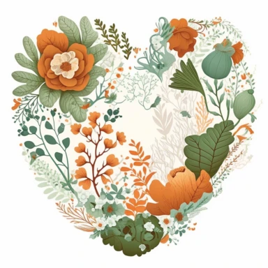 orange and green Floral frame Clipart, flower heart forest illustrations,white background