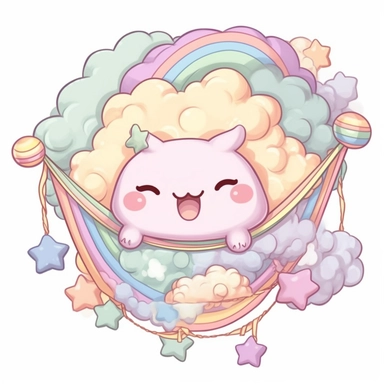 Cloud, Rainbow, Snuggle, Laughter, Fluffy, Chibi, Bunting, Candy-colored, Lavender, Bubblegum, Peachy, Seafoam. clipart, hd, on a white background, centered