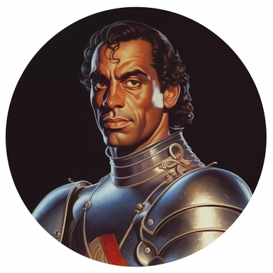Arthur Sarnoff's character portrait circular tondo depicting a dark-skinned uniformed fantasy knight, Boris Vallejo Mike Allred Josh Kirby, clipart illustration, circular solid background circular border