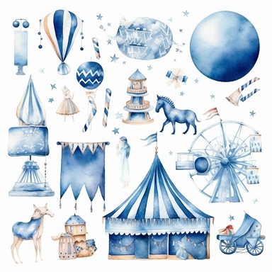 watercolour clipart of blue and white Carnival Nursery Art, with white background