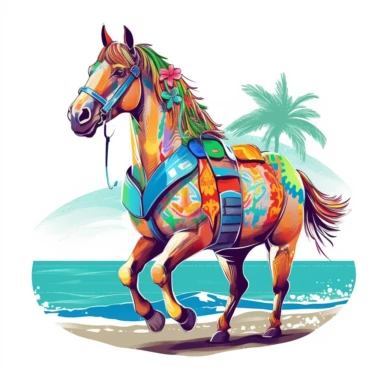 Colorful and vibrant colors to make clip art of a quirky horse on vacation with unique color combinations that stand out and evoke a sense of joy and cheerfulness with a white background