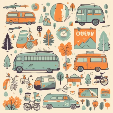 Craft a whimsical collection of vanlife-inspired clipart illustrations, inviting viewers into the world of adventure and simplicity on the open road. Design clipart images of charming vintage campervans, adorned with colorful patterns and plants, symbolizing a bohemian and carefree lifestyle. Create clipart elements of outdoor activities like surfing, hiking, stargazing, and cooking by the campfire, reflecting the joy of connecting with nature. Include clipart illustrations of travel essentials 