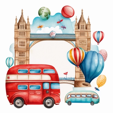 a pixar cartoon red double decker bus with rounded edges driving past perspective view of tower bridge London eye big ben red blue gold balloons an buntings Etsy watercolor clipart svg white background