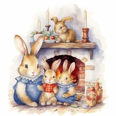 charming bunny family, Christmas morning in their cosy homy, fireplace, ornamental watercolor, clipart